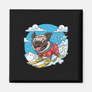 Skiing Pug Dog In Snowy Mountains Winter Vibes Magnet