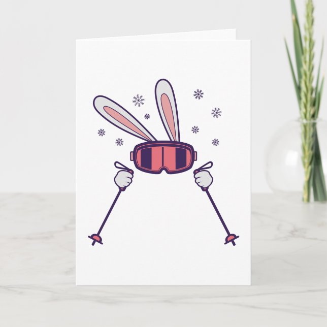 Skiing Rabbit with ski poles and ski goggles Card (Front)