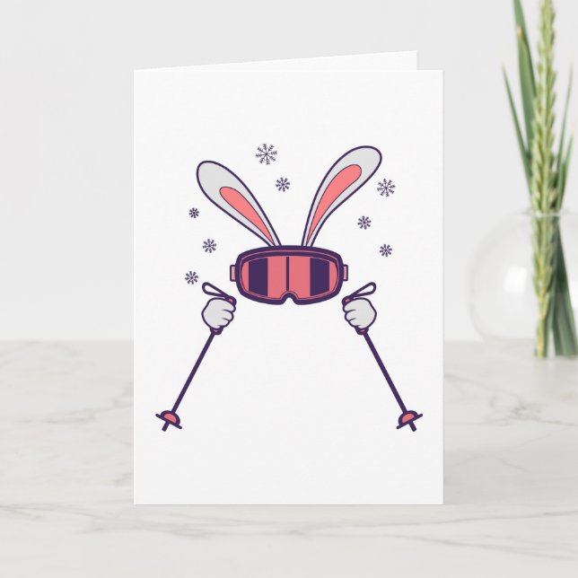 Skiing Rabbit with ski poles and ski goggles Card (Front)
