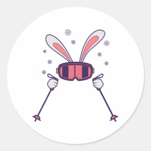 Skiing Rabbit with ski poles and ski goggles Classic Round Sticker