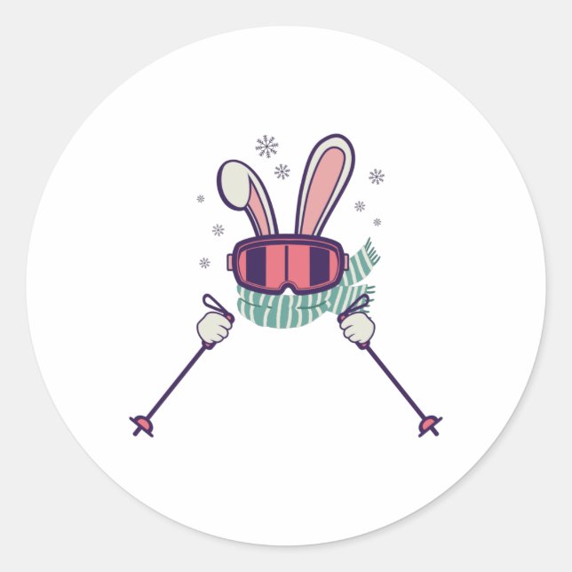 Skiing Rabbit with ski poles and ski goggles Classic Round Sticker (Front)