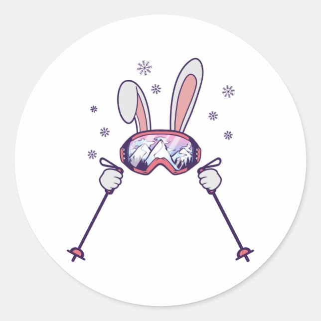 Skiing Rabbit with ski poles and ski goggles Classic Round Sticker (Front)