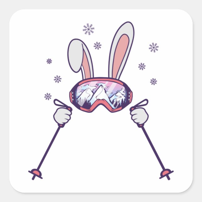 Skiing Rabbit with ski poles and ski goggles Square Sticker (Front)