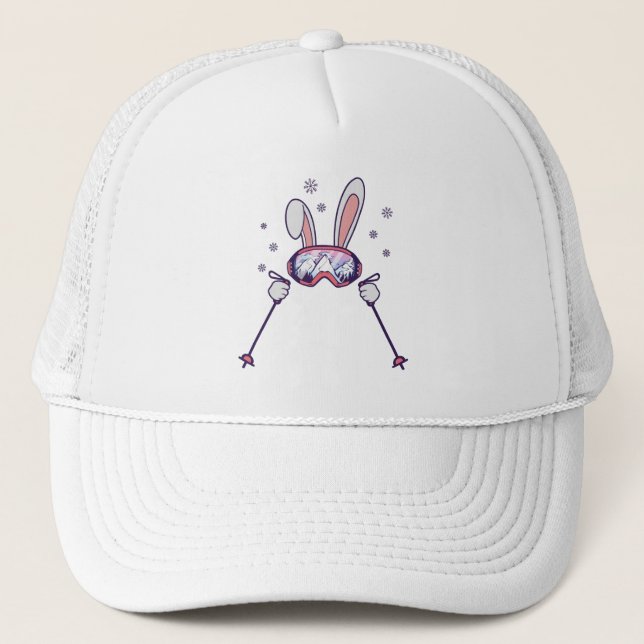 Skiing Rabbit with ski poles and ski goggles Trucker Hat (Front)