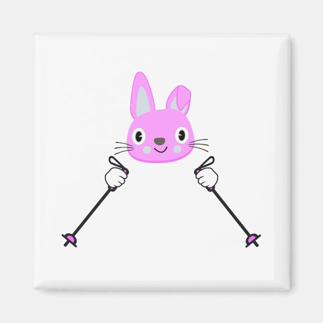 Skiing Rabbit with ski poles Magnet (Front)