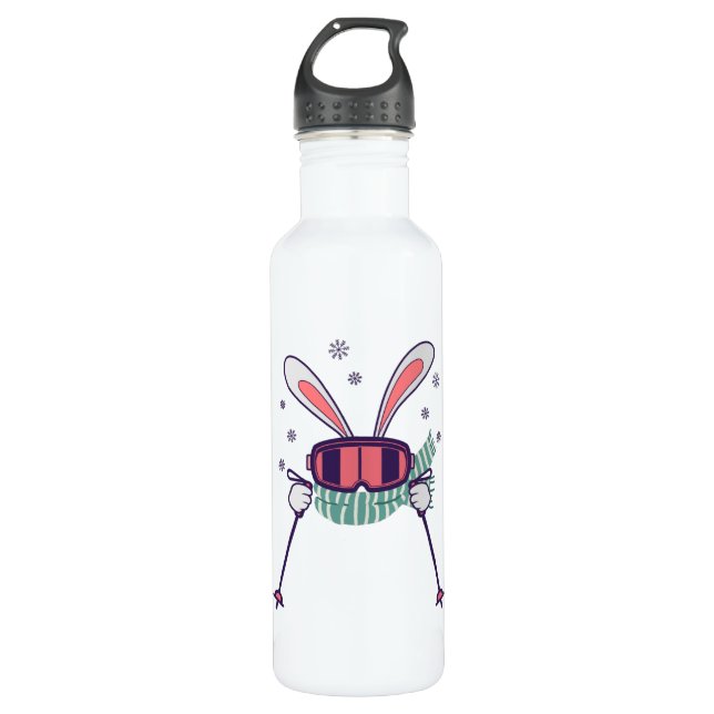 Skiing Rabbit with ski poles ski goggles and scarf 710 Ml Water Bottle (Front)