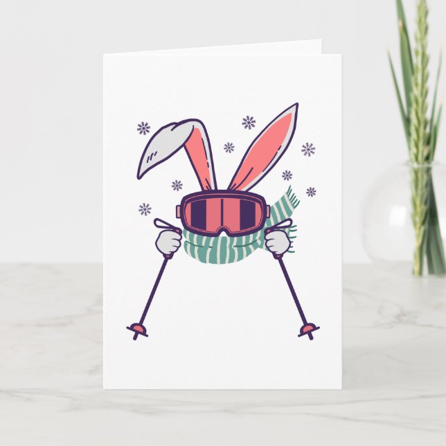 Skiing Rabbit with ski poles ski goggles and scarf Card (Front)