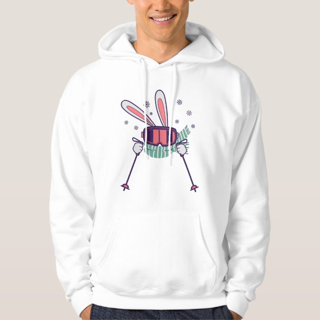 Skiing Rabbit with ski poles ski goggles and scarf Hoodie (Front)