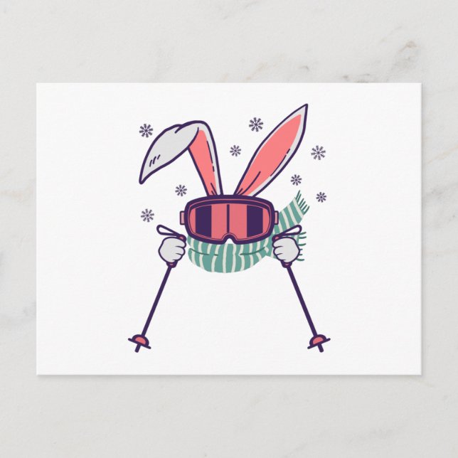 Skiing Rabbit with ski poles ski goggles and scarf Postcard (Front)