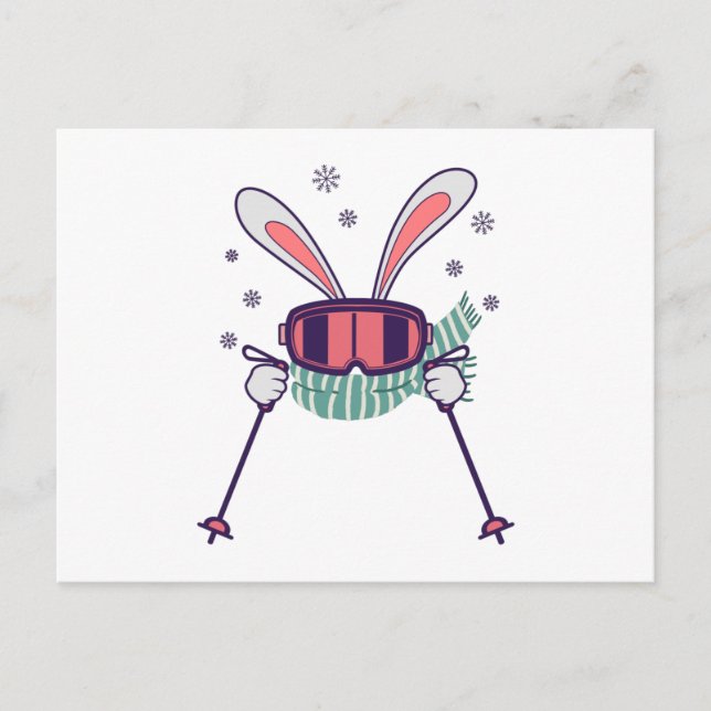 Skiing Rabbit with ski poles ski goggles and scarf Postcard (Front)