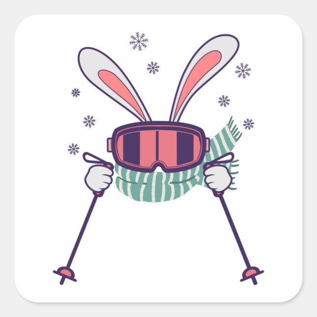 Skiing Rabbit with ski poles ski goggles and scarf Square Sticker (Front)