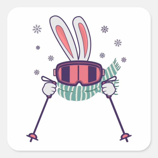 Skiing Rabbit with ski poles ski goggles and scarf Square Sticker (Front)