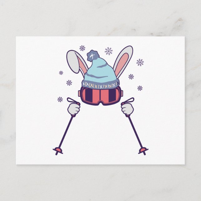 Skiing Rabbit with ski poles ski goggles ski cap Postcard (Front)