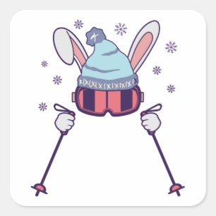 Skiing Rabbit with ski poles ski goggles ski cap Square Sticker