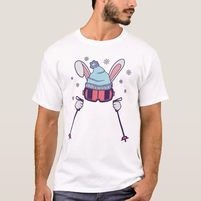 Skiing Rabbit with ski poles ski goggles ski cap T-Shirt (Front)