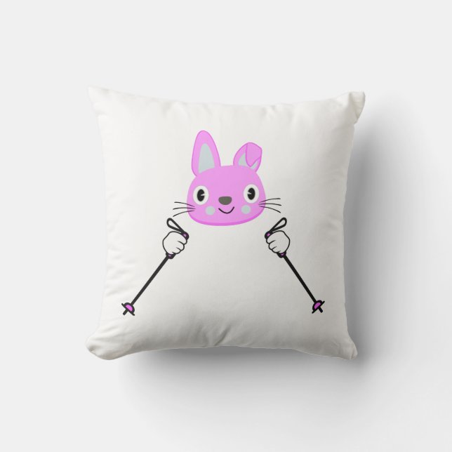 Skiing Rabbit with ski poles Throw Pillow (Front)