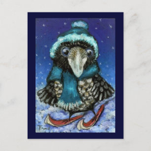 Skiing raven postcard