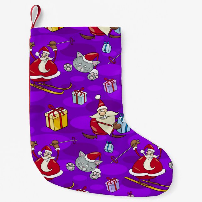 Skiing Santa And Kitty Pattern Small Christmas Stocking (Front)
