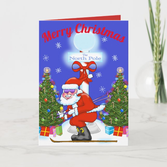 Skiing Santa Christmas Greeting Card (Front)