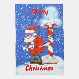 Skiing Santa Christmas Kitchen Towel