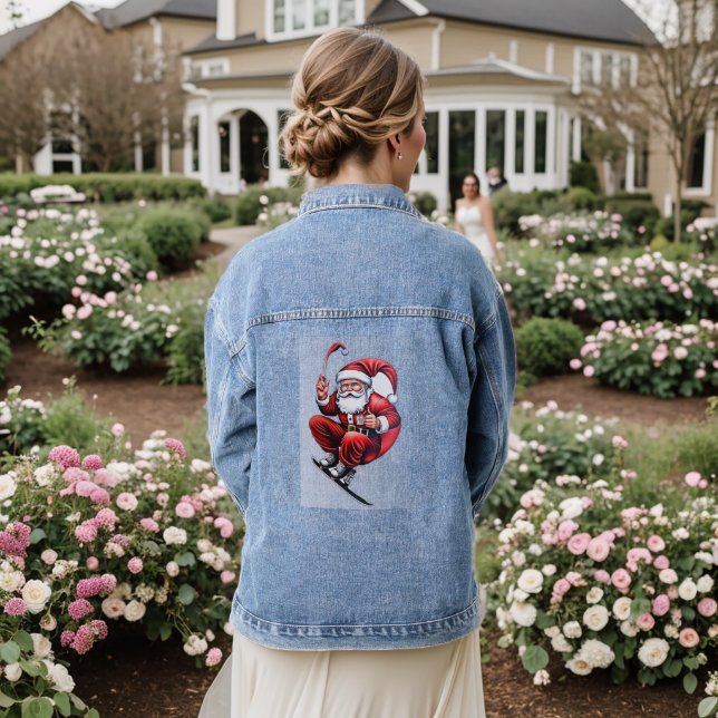 Skiing Santa Claus  Denim Jacket (Wedding Back)