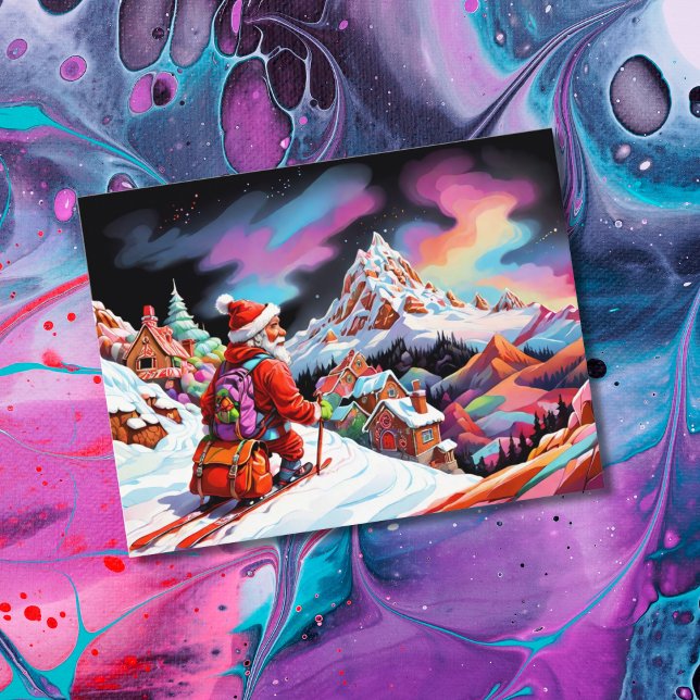 Skiing santa looking down on valley christmas holiday postcard (Creator Uploaded)