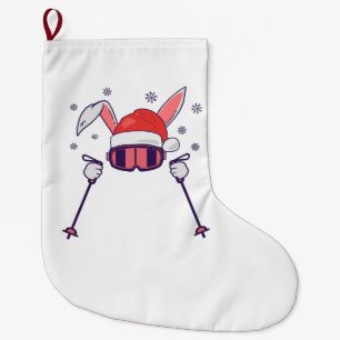 Skiing Santa Rabbit with Santa Hat and ski poles S Large Christmas Stocking