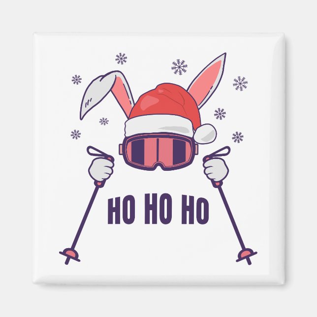 Skiing Santa Rabbit with Santa Hat and ski poles S Magnet (Front)