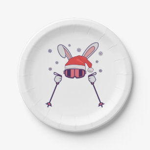 Skiing Santa Rabbit with Santa Hat and ski poles S Paper Plate