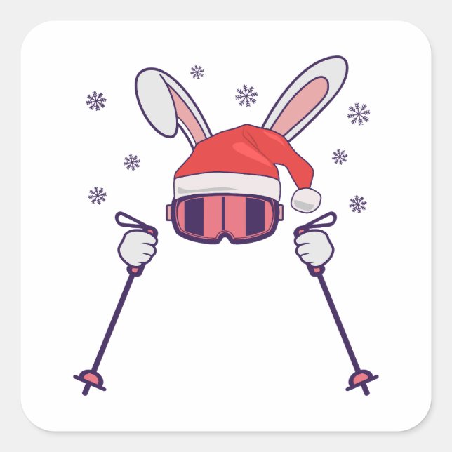 Skiing Santa Rabbit with Santa Hat and ski poles S Square Sticker (Front)
