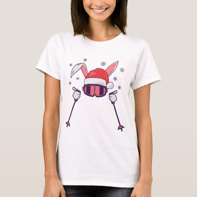 Skiing Santa Rabbit with Santa Hat and ski poles S T-Shirt (Front)