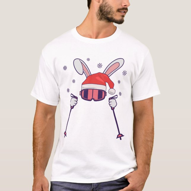 Skiing Santa Rabbit with Santa Hat and ski poles S T-Shirt (Front)