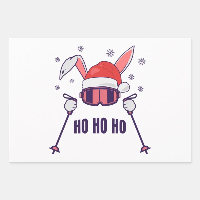 Skiing Santa Rabbit with Santa Hat and ski poles S Wrapping Paper Sheet (Front)