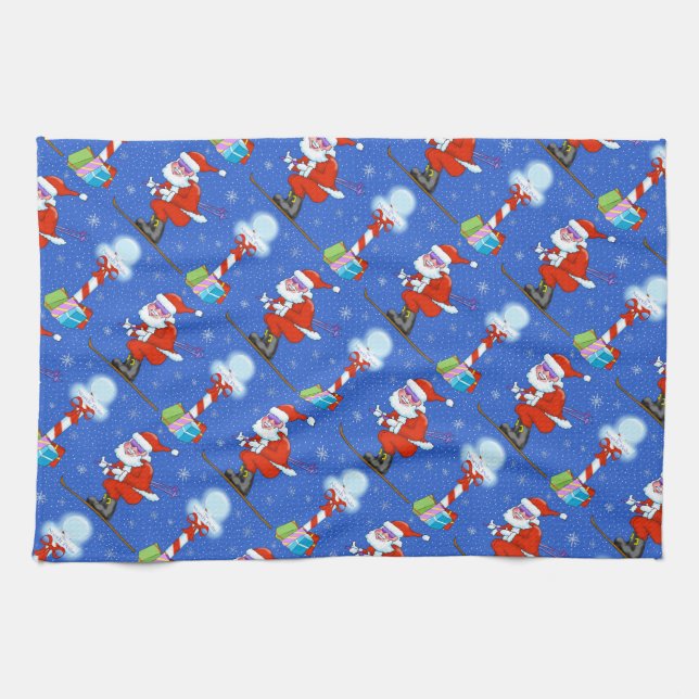 Skiing Santas Christmas Kitchen Towel (Horizontal)