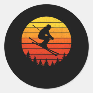 Skiing Silhouette - Retro Sunset Skiers  Classic Round Sticker