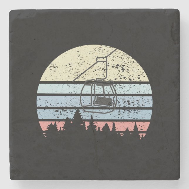 Skiing Ski Lift Retro Stone Coaster (Front)