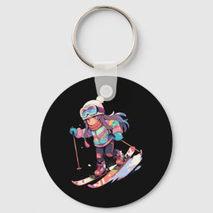Skiing Ski Snow Skier Chibi Girls Children _1  Keychain