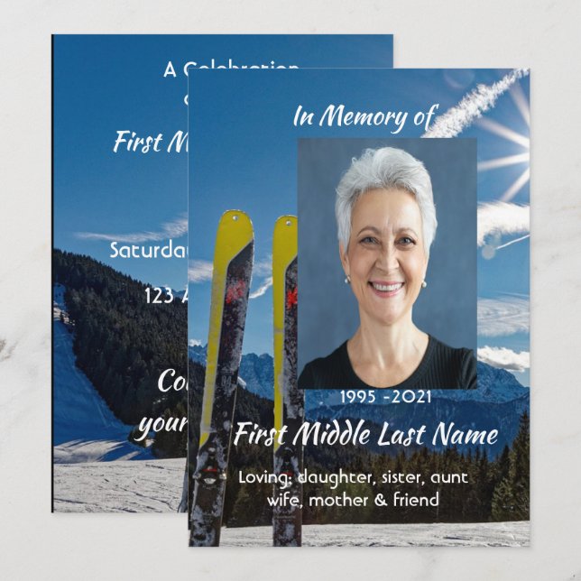 Skiing Skier Celebration of Life Service Invitation (Front/Back)