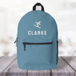 Skiing Skier Icon Motif Minimal Blue Printed Backpack<br><div class="desc">A custom design on a blue background featuring a skier skiing motif icon in white which can be easily replaced by uploading your own logo, image or motif! The personalized monogram name in white modern block typography can be replaced with your own name or custom text. The perfect gift or...</div>