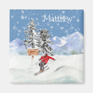 Skiing Skier Snow Personalized Watercolor Magnet