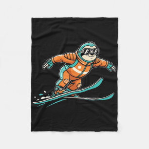 Skiing Sloth In Orange Suit Snow Goggles Ride Fleece Blanket