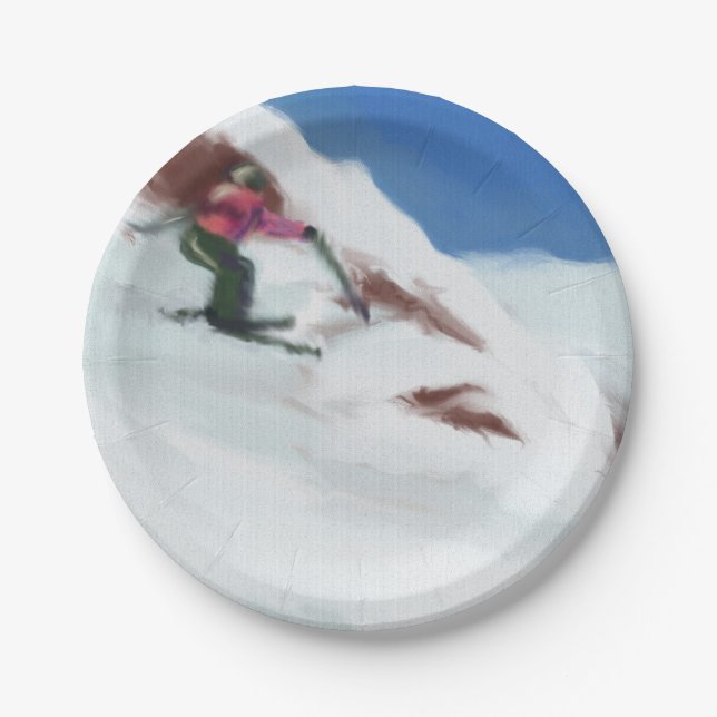 Skiing Snow Mountain Art Paper Plate (Front)