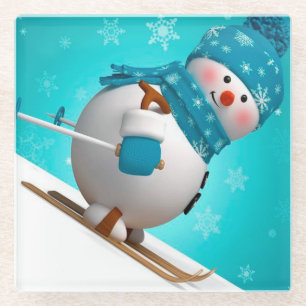 Skiing Snowman Glass Coaster