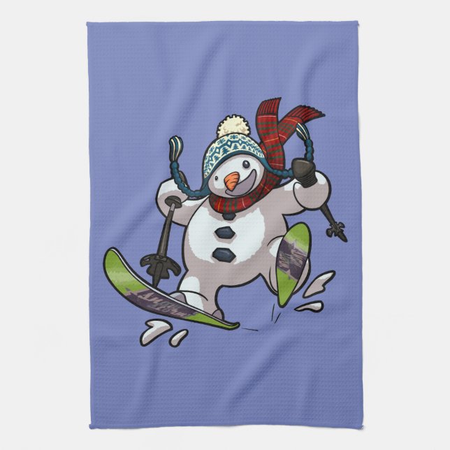Skiing Snowman In Woolly Christmas Hat Cartoon Kitchen Towel (Vertical)