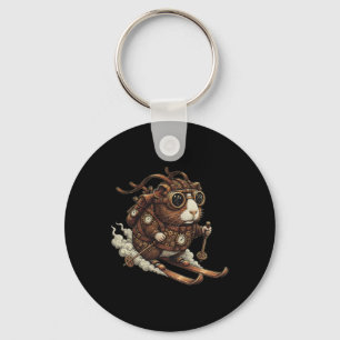 Skiing Steampunk Guinea Pig With Goggles And Gears Keychain