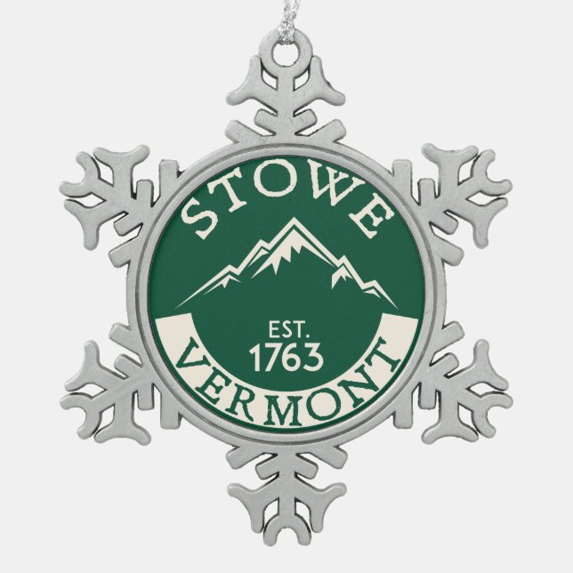 Skiing Stowe Vermont Ski Snowboarding Snowflake Pewter Christmas Ornament (Front)