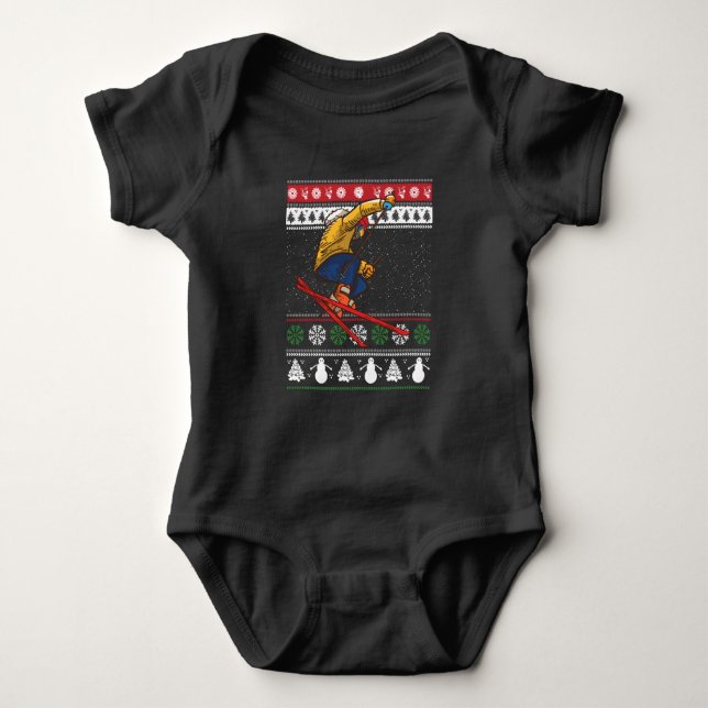 Skiing Ugly Christmas Baby Bodysuit (Front)