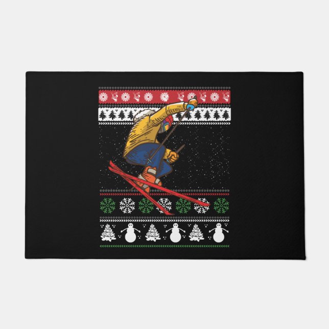 Skiing Ugly Christmas Doormat (Front)