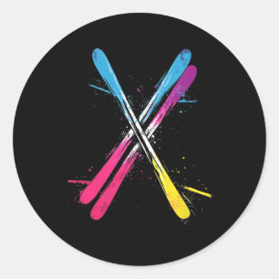 Skiing, Vibrant Design, Crossed Skis  Classic Round Sticker