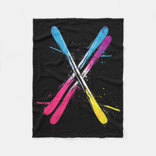 Skiing, Vibrant Design, Crossed Skis Fleece Blanket